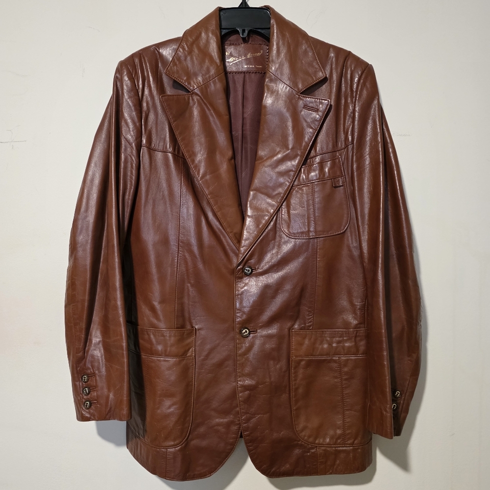 VTG 70s Cognac Genuine Leather Blazer Jacket Professional Dark Academia M